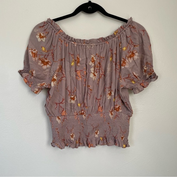 American Eagle | Purple Floral Smocked Cropped Shoulder Blouse | Size Small - Picture 8 of 11
